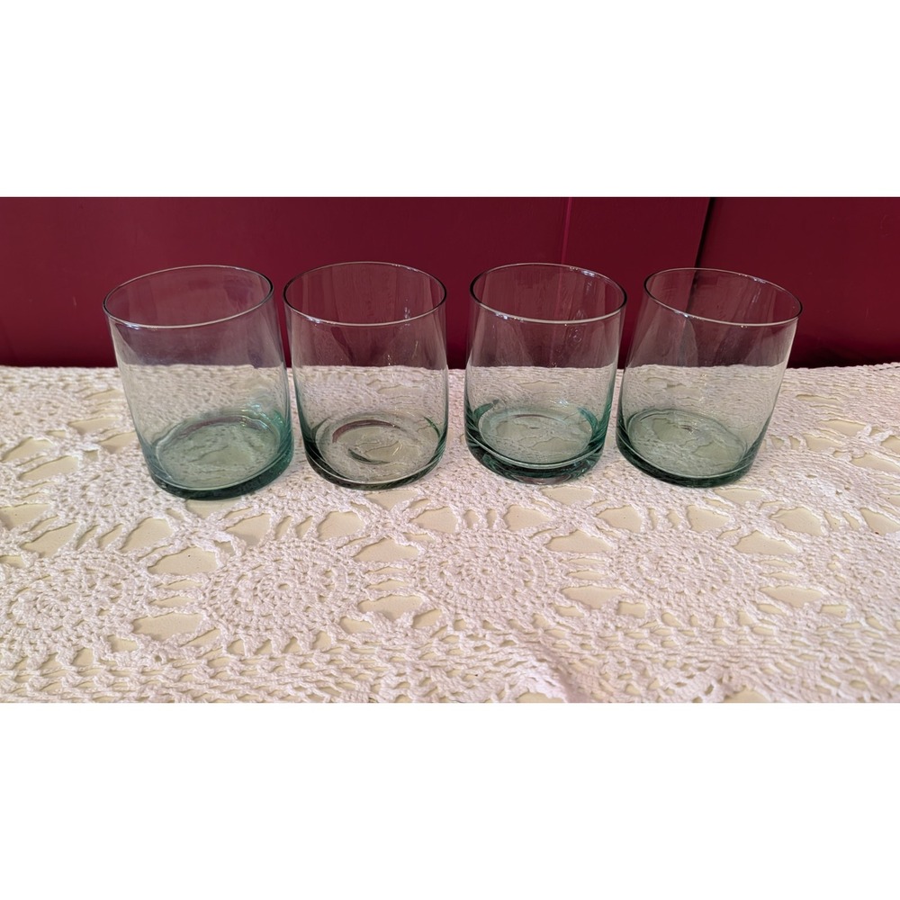 Libbey Crisa impressions green tint Glass Tumblers thumbprint set of 4 4"